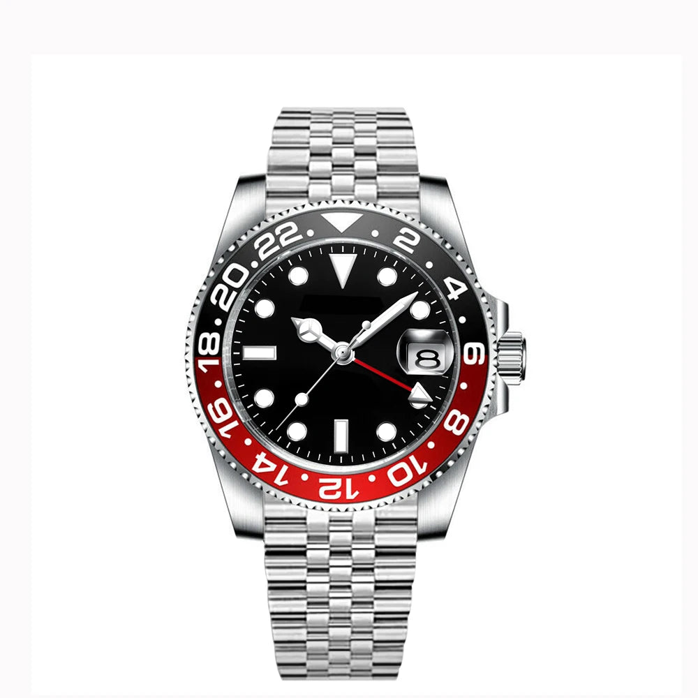 40MM Custom Logo New Men Quart Wristwatch Jubilee Stainless Quartz GMT Watch Sapphire Glass Men Watches Waterproof Luminous