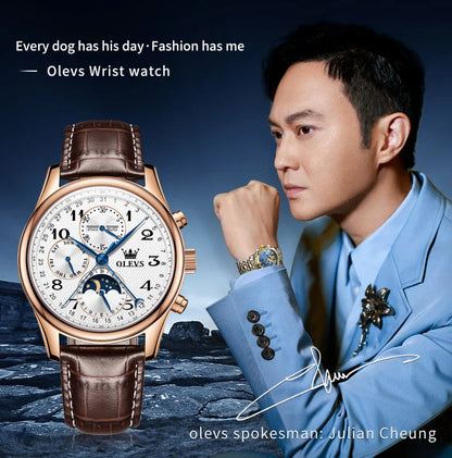 OLEVS 6667 Mens Watch Multifunctional Chronograph Mechanical Watch Leather Strap Moon Phase Watches For Man Luxury Original
