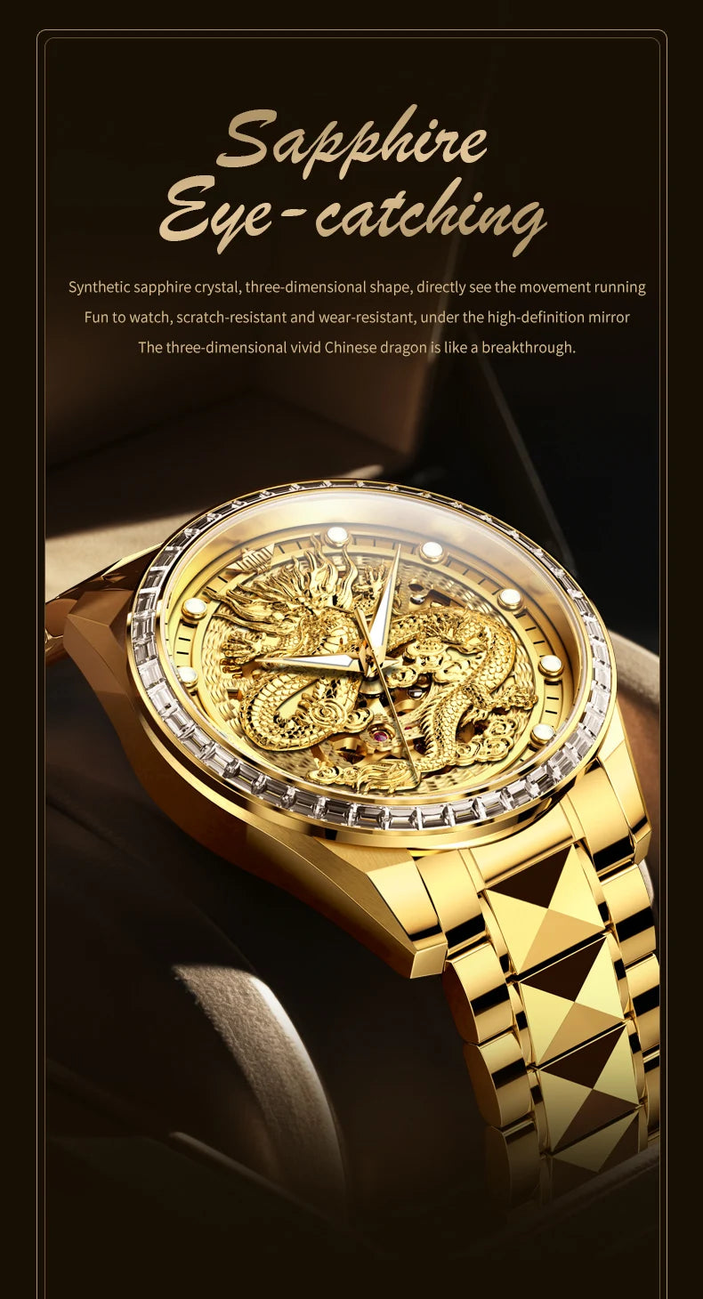 OUPINKE Orologio da uomo Top Brand di lusso in oro e acciaio al tungsteno, orologio da polso meccanico automatico originale con quadrante con motivo drago