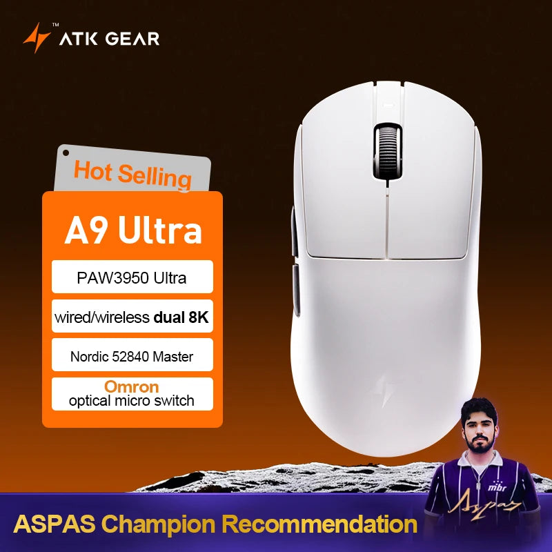Ratón gaming inalámbrico ATK Dragonfly A9 Ultra PAW3950, ultraligero, trimodo, ergonómico, para esports y jugadores FPS, A9 SE Plus