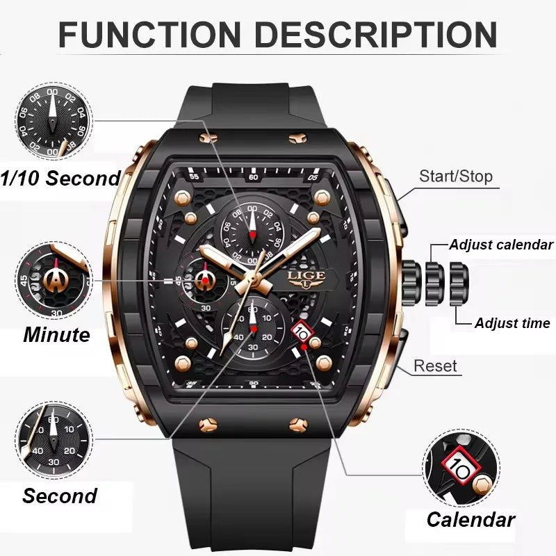 Relógio de Homem LIGE — Moda de Luxo, Impermeável, Bracelete em Silicone, Quartzo, Luminoso, Desportivo, Data Automática e Cronógrafo Simples