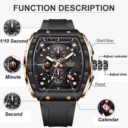 Relógio de Homem LIGE — Moda de Luxo, Impermeável, Bracelete em Silicone, Quartzo, Luminoso, Desportivo, Data Automática e Cronógrafo Simples