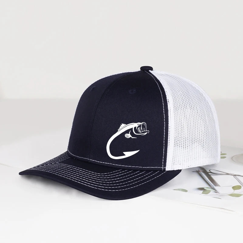 Trucker-kasket med bass-fiskekrog-print, justerbar, unisex, mesh, til fiskeentusiaster, solhat