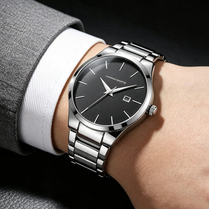 Reloj para hombre Hannah Martin, caja de acero inoxidable, mecanismo de cuarzo, esfera de 41 mm, estilo profesional, con indicador de calendario (imitación)