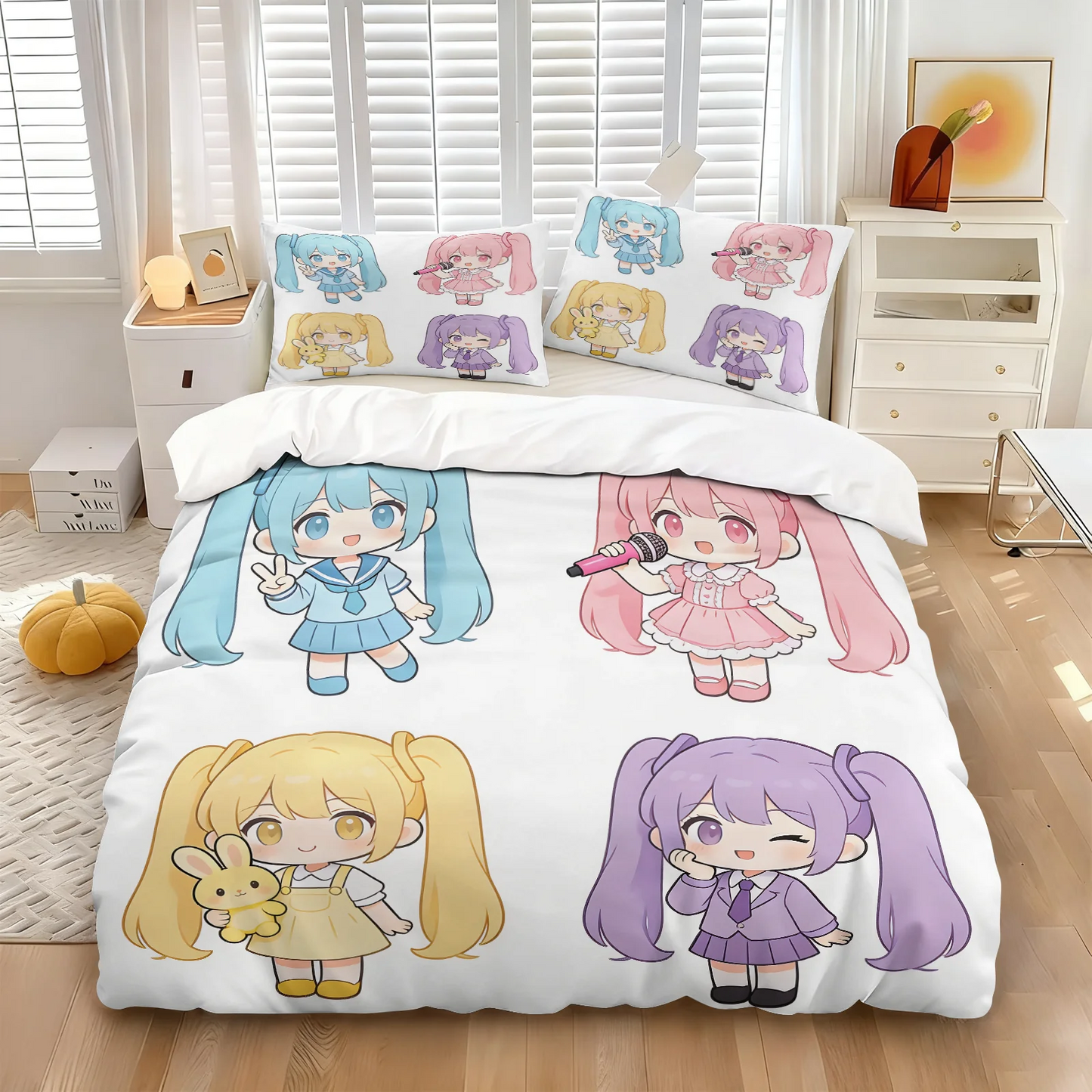 Hatsune Miku Chibi Style Duvet Cover Set Cute Anime Bedding with Pillowcases Gaming Room Teens Kids Bedroom Decor Gift for fans
