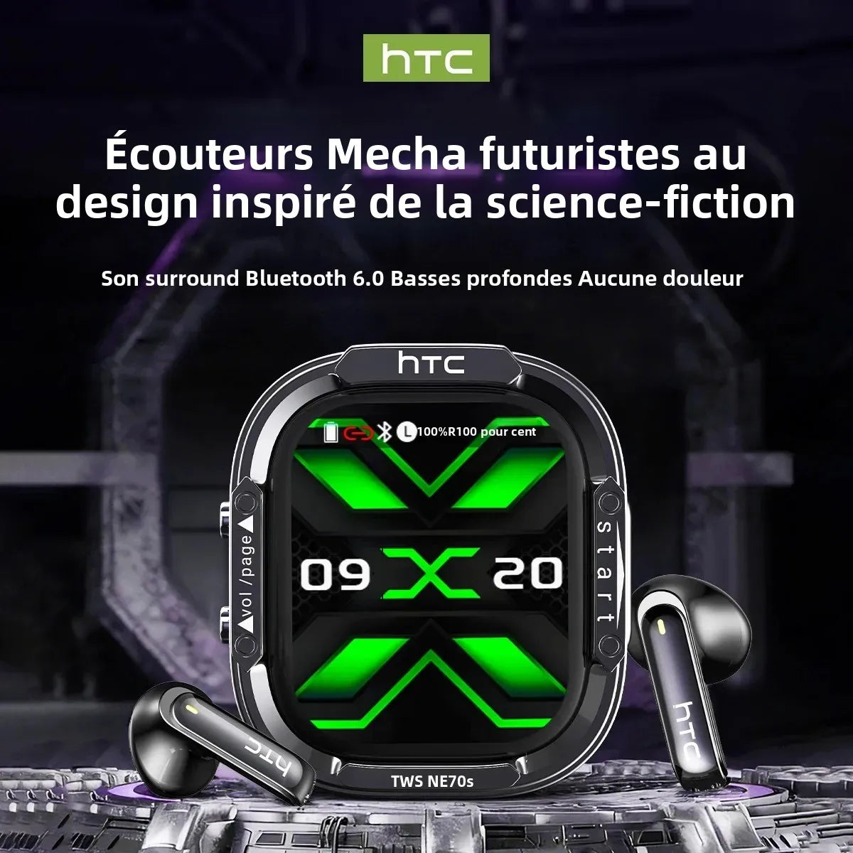 HTC NE70 Bluetooth Earphones Touch Screen TWS in-Ear Wireless Headphones AI Translator Noise Reduction Earbuds Game Heatset