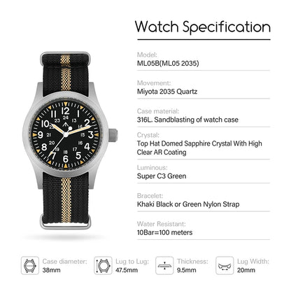 Militado ML05 38mm Military Watch Miyota 2035 Movement Domed Sapphire Crystal C3 Green Luminous 10Bar Waterproof Vintage Watches