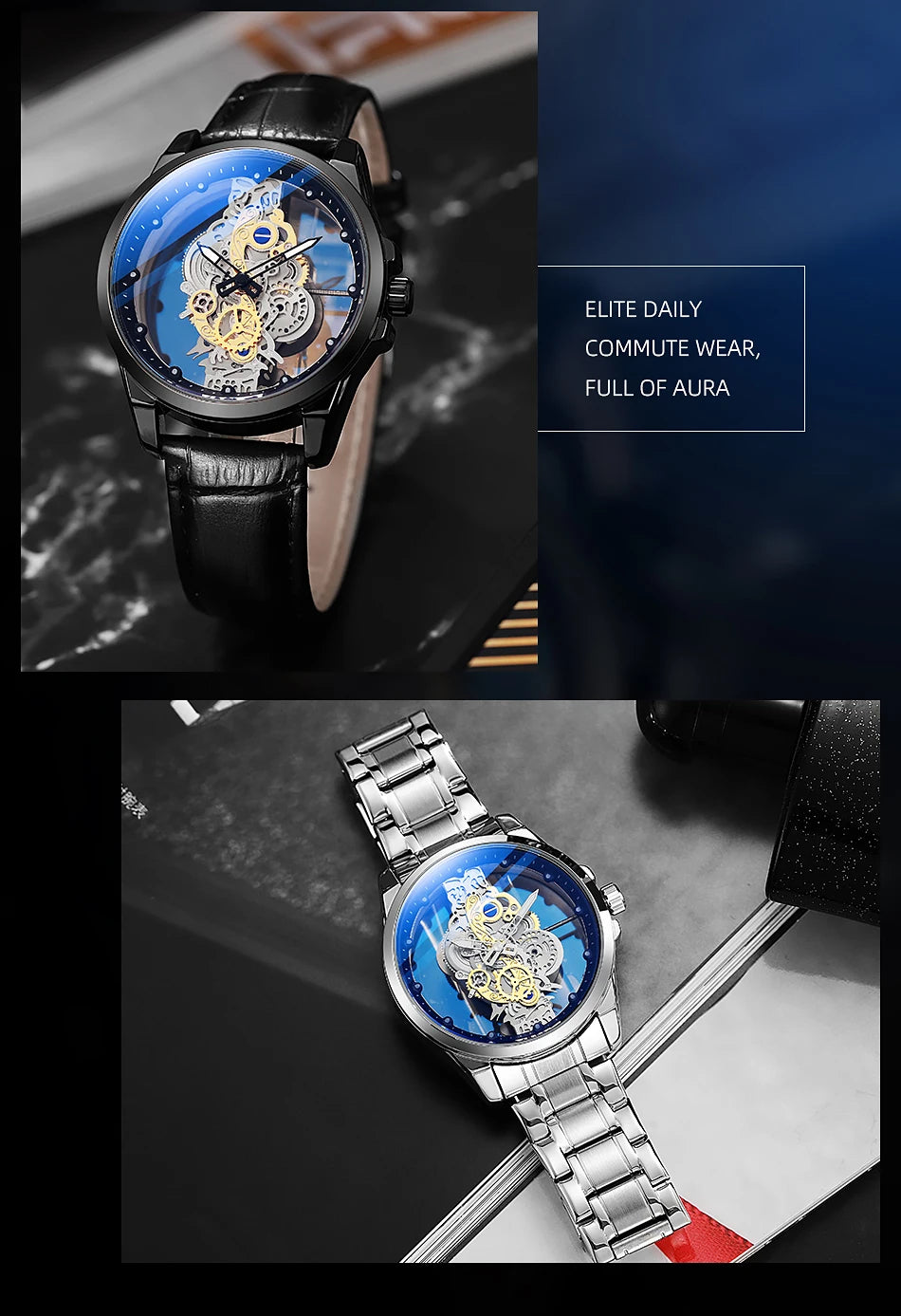 TPW Men’s Luxury Black & Gold Skeleton Quartz Watch Fashion Wristwatch