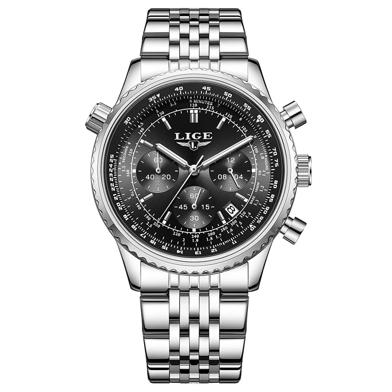 Montre de luxe pour homme LIGE – Chronographe avec date, en acier inoxydable, étanche, luminescente, style sportif et militaire, montre à quartz pour homme