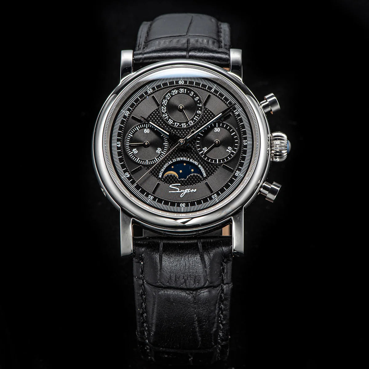Sugess Men Watch ST1908 Swanneck Movement Mechanical Chronograph Wristwatch Genuine Moonphase Calendar Vintage Leather NEW 2023