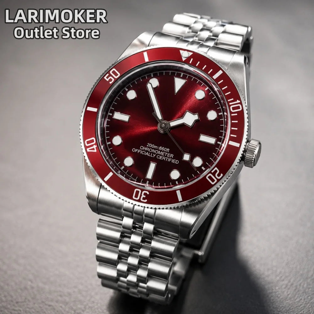 LARIMOKER NH35 39mm Automatic Men's Watch Domed Sapphire Glass 100m Diving Vintage Wine Red Insert Dial Super Luminous Watch