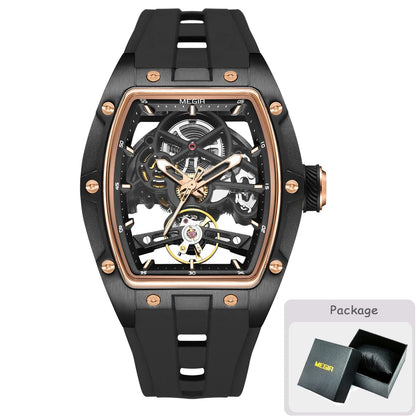 MEGIR mekanisk herreur, tonneau-form, skeletteret urskive med åbninger, sporty stil, silikonearmbånd, luksuriøst automatisk ur