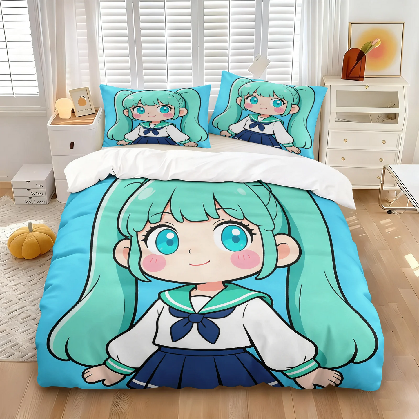 Hatsune Miku Chibi Style Duvet Cover Set Cute Anime Bedding with Pillowcases Gaming Room Teens Kids Bedroom Decor Gift for fans