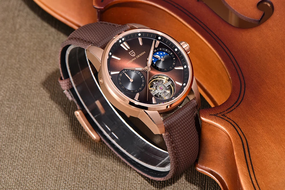 PAGANI DESIGN – Mekanisk lyxklocka för män, 41 mm, safirglas, läderarmband, vattentät, pilotstil, med tourbillon och månfas