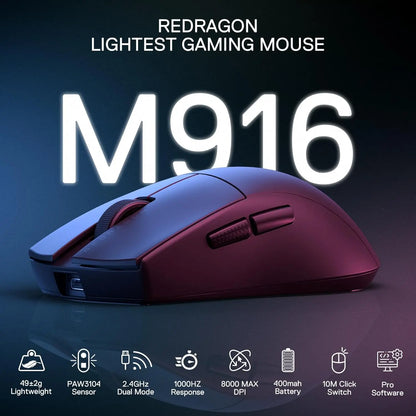 Rato Gaming Sem Fios Redragon M916, Ultra-Leve 49G, 8K DPI, 2.4G, com Design Ergonómico de Pega Natural