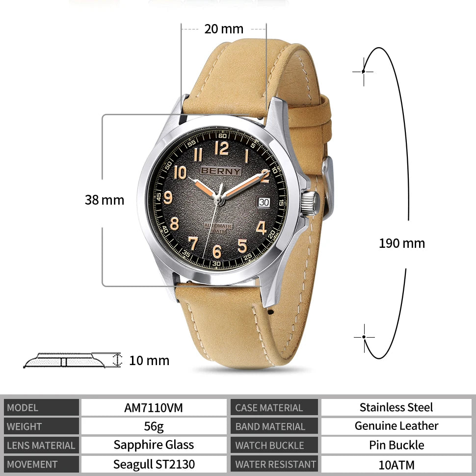BERNY Automatic Watch Men ST2130 Luminous Mechanical Wristwatch Sapphire Waterproof 10ATM Top Brand Luxury Watch for Men