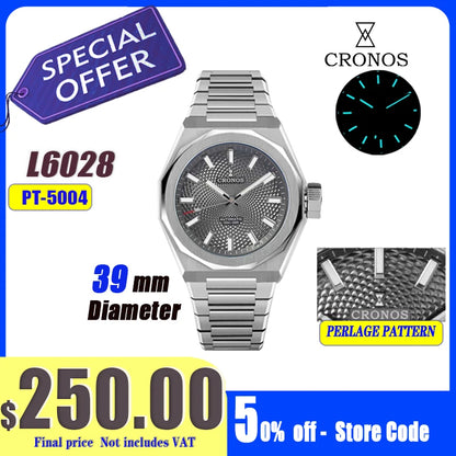 Cronos New Rhombus Perlage 39mm Dial PT5004 Miyota 90S5 See-through Caseback Men Automatic Wristwatches 10ATM Lumious