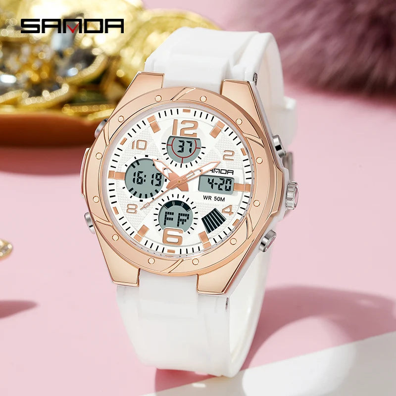 SANDA Top Brand New Lady Luxury Ms LED Digital Sport Watch Leisure Fashion Quartz Watch Women Girl Military 50M Waterproof Watch