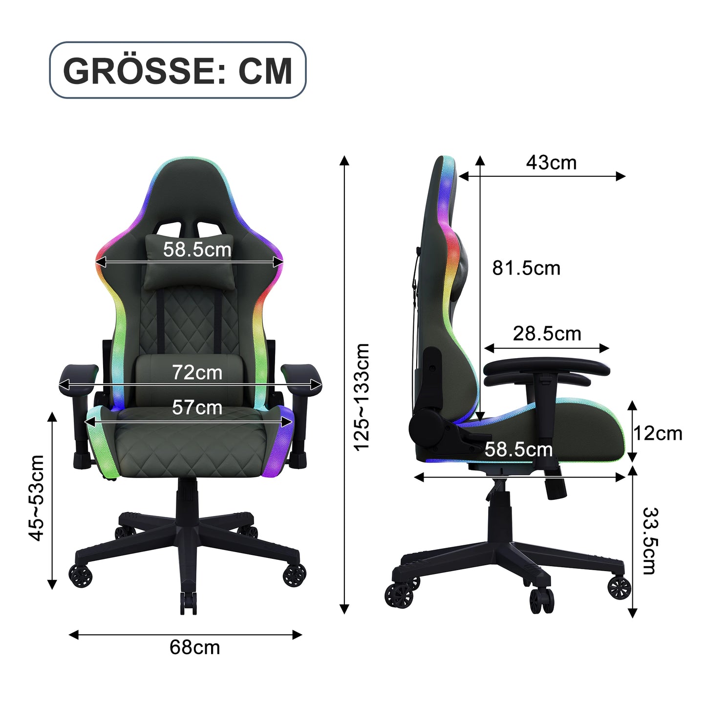 Comanlai Ergonomic Gaming Chair with RGB LED Lights, Massage Lumbar Support, Adjustable Reclining Computer Chair for Gaming & Office