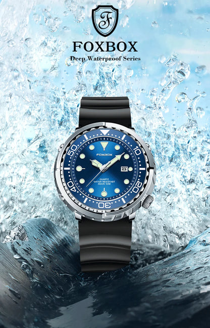 FOXBOX  Top Brand Fashion Diver Watch Men 50ATM Waterproof Date Clock Sport Watches Mens Quartz Wristwatch Relogio Masculino