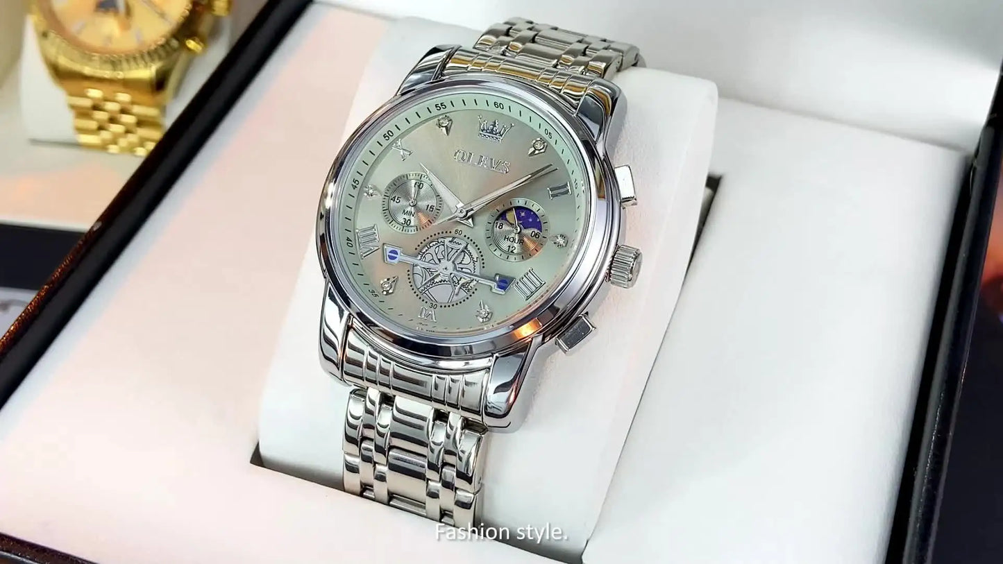 OLEVS Men's Watches Classic Multifunctional Flywheel Chronograph Original Quartz Wristwatch Moon Phase 24 Hour Waterproof Watch