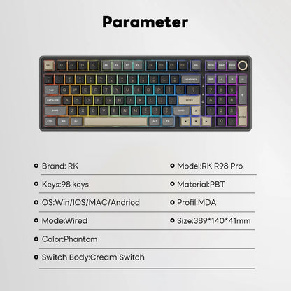 Teclado mecánico con cable RK ROYAL KLUDGE R98Pro Gasket, 98 teclas, RGB, hot-swappable, botón desmontable para gamers, keycaps PBT