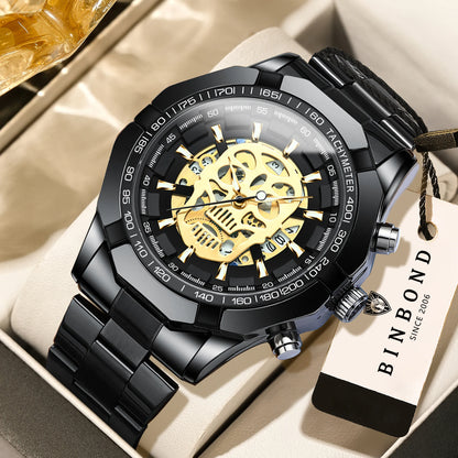 Ceas de mână BINBOND pentru bărbați, cu motiv de craniu scheletic, cu mecanism cu cuarț precis, luxos, luminos, rezistent la apă, cu dată automată, robust.