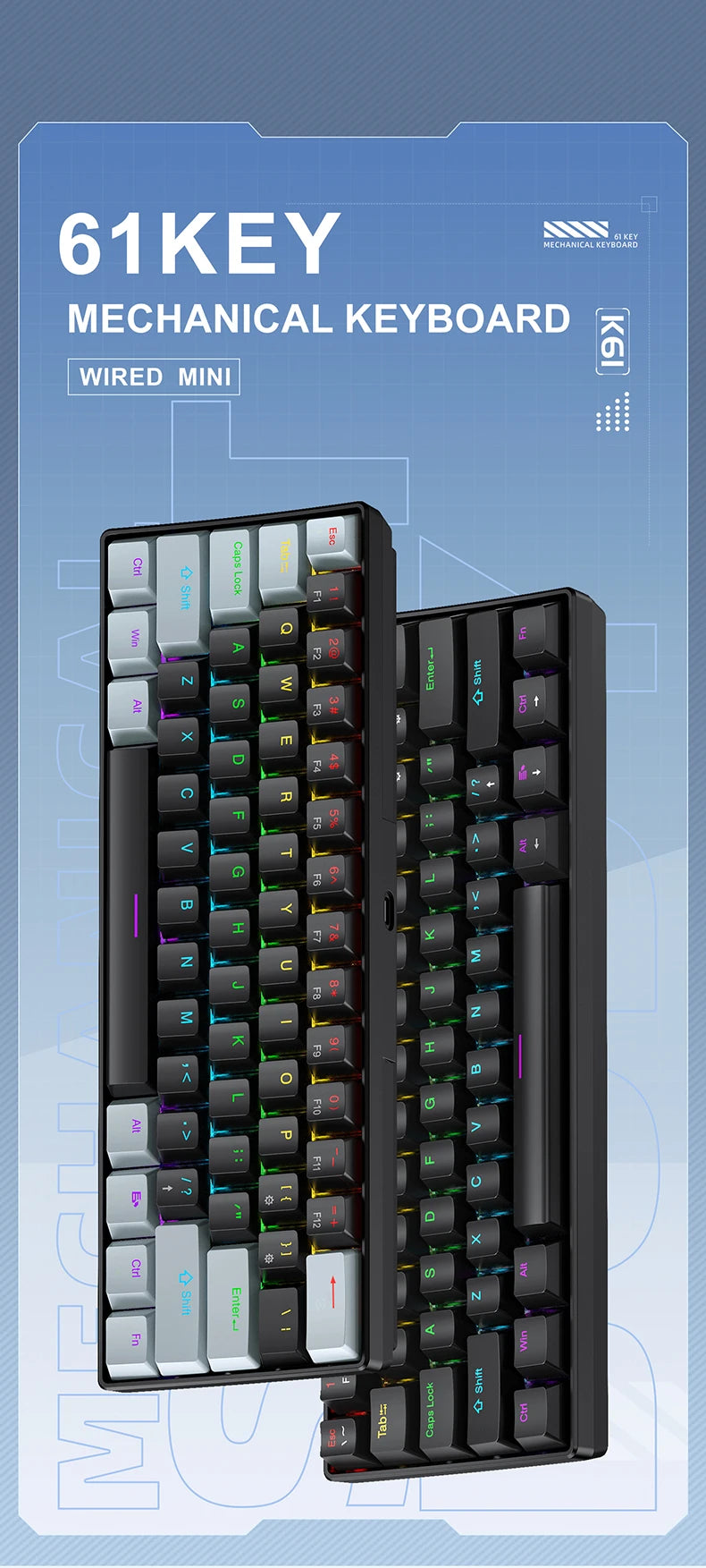 Teclado Mecânico Mini APAYADO K61, Com Fios, 61 Teclas, Phantom RGB, Switch Mecânico Vermelho/Azul Preto/Branco para Gaming, 60% Portátil