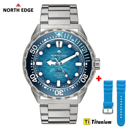 NORTH EDGE TRITON-TI Titanium Stainless Solar-Powered Diving Watch Luxury Quartz Watches For Men 300M Waterproof 180+ Day Power