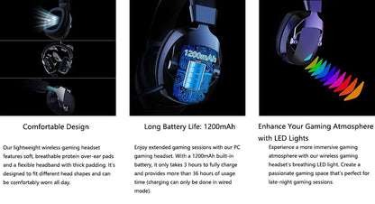 Gaming Headset with Detachable Noise-Cancelling Microphone – 3-Mode Wireless Bluetooth 5.3, 2.4G USB & 3.5mm Wired Gaming Headset with 50mm Drivers
