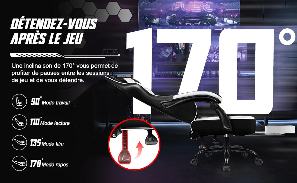 Daccormax 170° Gaming Chair Ergonomic PC Gaming Chair with Adjustable Footrest and Lumbar Support High-Back Breathable Design