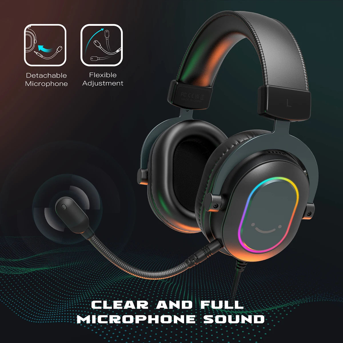 Cuffie gaming RGB dinamiche Fifine con microfono, over-ear, audio surround 7.1, PC PS4 PS5, 3 opzioni EQ Game Movie Music - H6