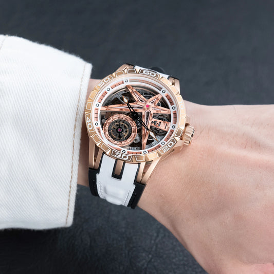 OBLVLO Mens Luxury Machinery Skeleton Dial Mechanical Automatic Watch Analog White Rubber Band Military Watch RD-901
