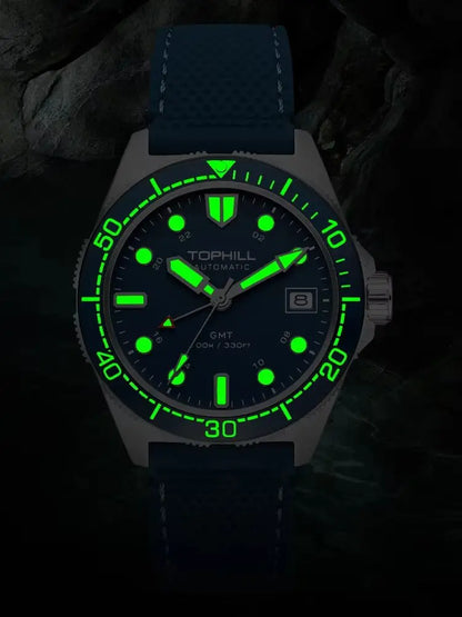 Tophill 39.5mm Automatic NH34 GMT Watch Swim 3H Date Window Mechanical C3 Green Lume 100M Waterproof Sapphire Crystal TD011G
