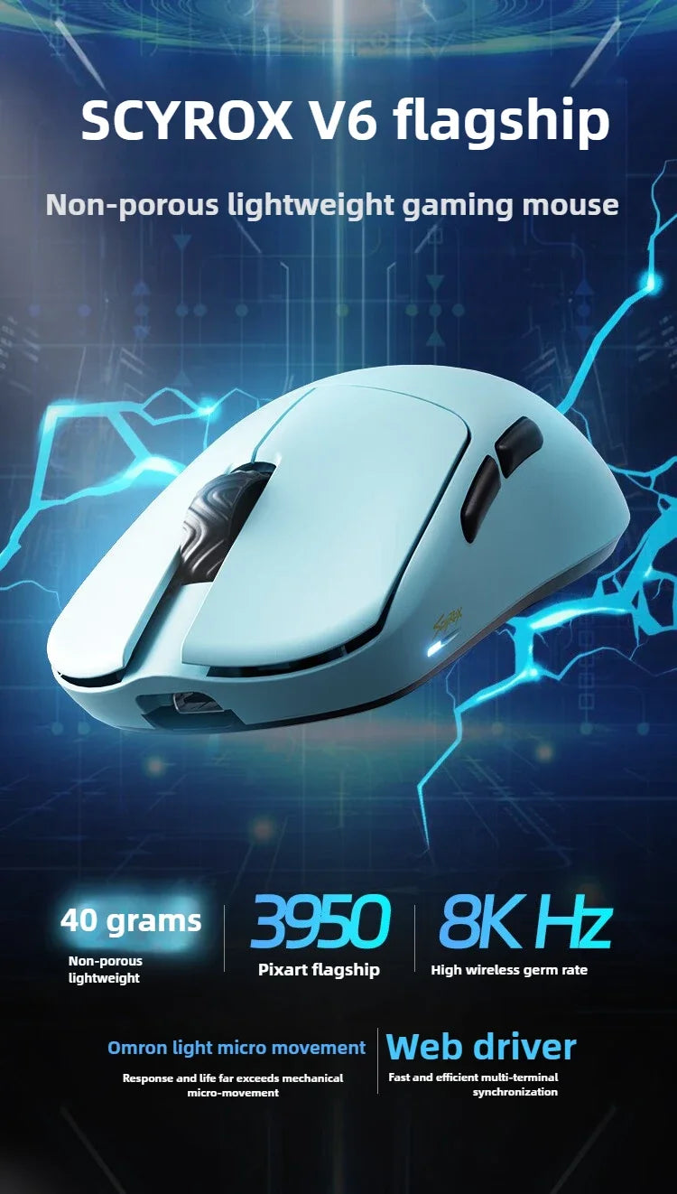 Ratón inalámbrico SCYROX V6 no poroso para esports, 40g, 750IPS, con receptor 8k, respuesta rápida, Pixart 3950, alta calidad, 8KHz, controlador web