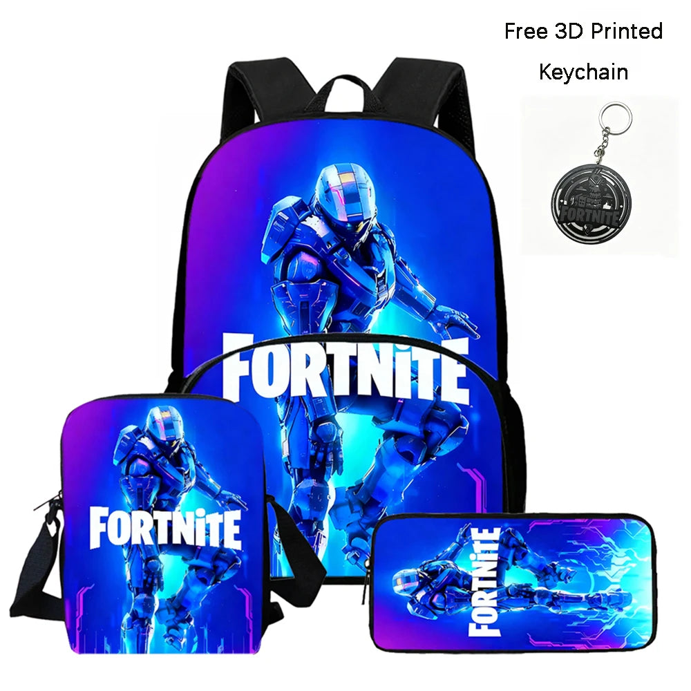FORTNITE 3-Piece School Backpack Set with Front Pocket Bag, Crossbody Bag, and Pencil Case for Ages 5-10 Boys and Girls, Lightweight, Includes Free 3D Printed Keychain