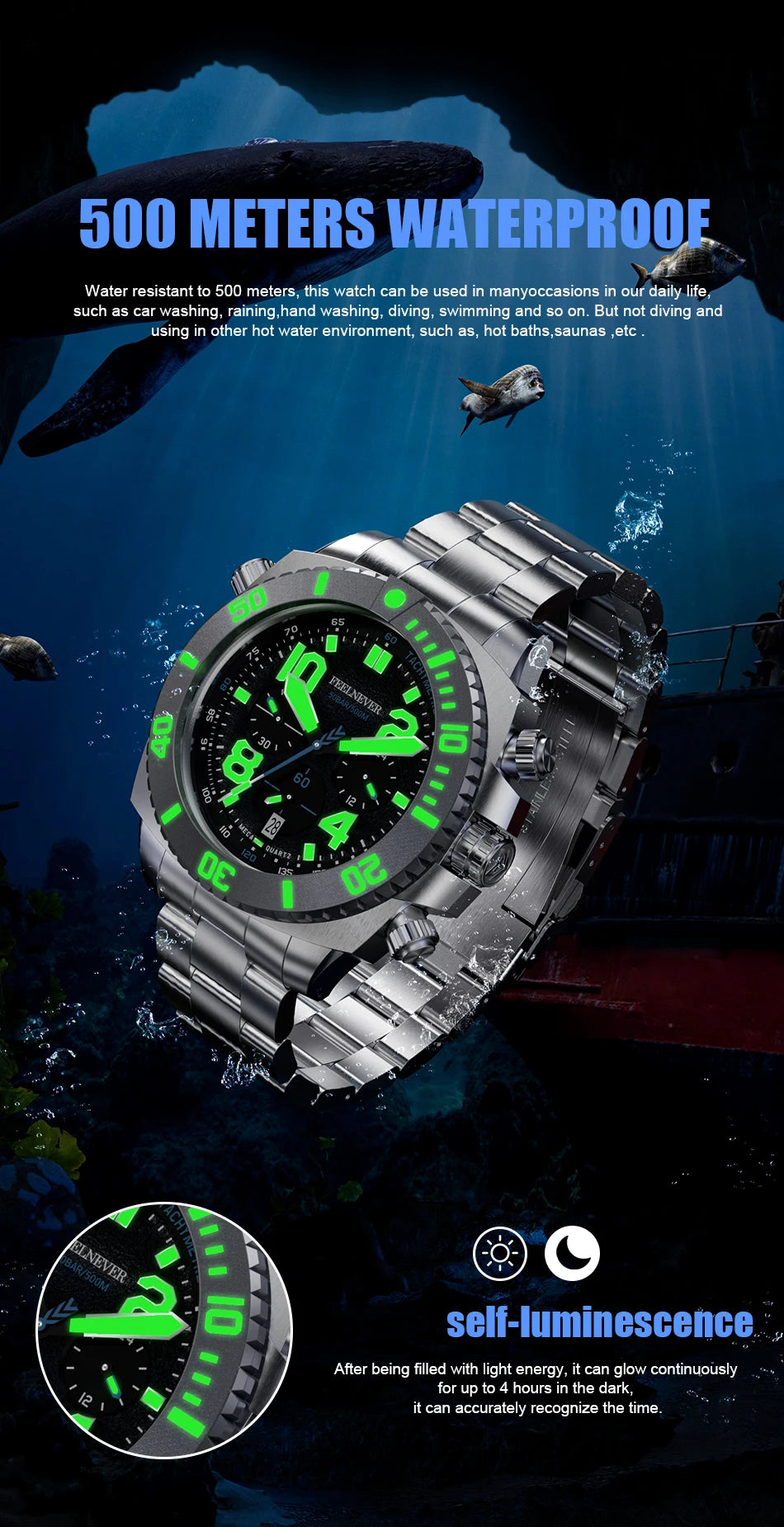 FeelNever Sport Automatic Movement Quartz Watch Stainless Steel Sapphire Crystal Watches for Men 500M Waterproof Clocks Watch for Men