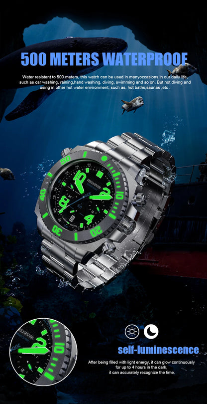 FeelNever Sport Automatic Movement Quartz Watch Stainless Steel Sapphire Crystal Watches for Men 500M Waterproof Clocks Watch for Men