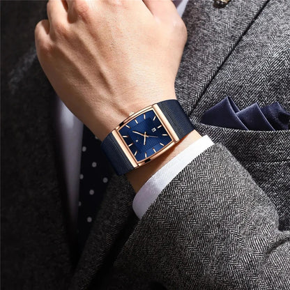 Relógios de pulso de quartzo, novos relógios quadrados para homem, cor ouro rosa, de alta qualidade; relógio de marca de luxo, modelo para homem, mostrador azul.