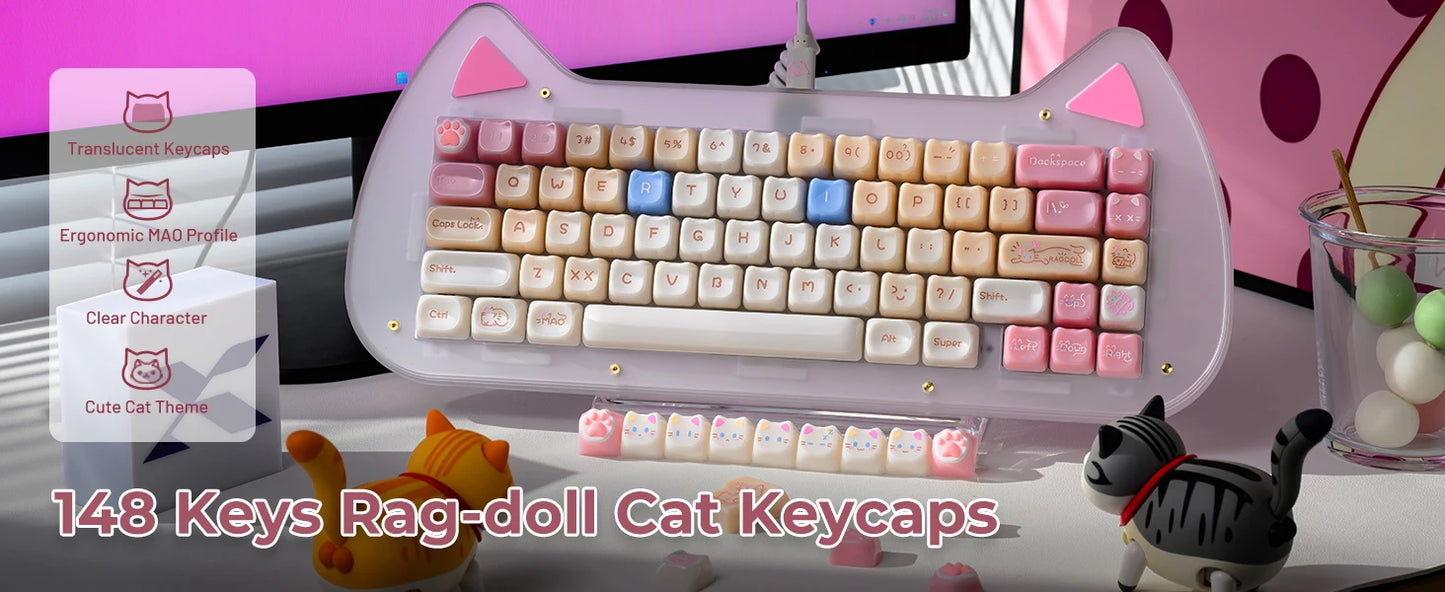 XVX 148 teclas teclas con temática de gatos perfil MAO, teclas coreanas brillantes y adorables para teclado 61 64 68 78 87 96 98 104 108