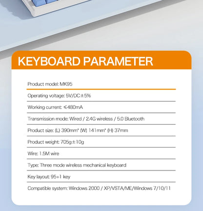 SMAILWOLF MK95 Bluetooth Wireless Three-Mode Mechanical Keyboard Arabic Russian Korean Thai Spanish Keyboard E-Sports Game