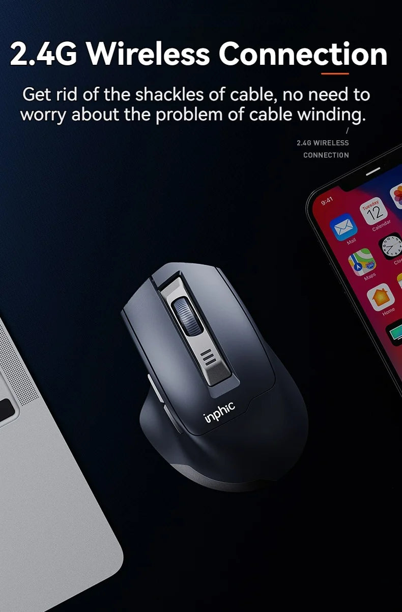 Inphic M9 Kabellose Maus 2.4G USB-Empfänger Wiederaufladbar Type-C Stummschaltungstaste Energieanzeige Ergonomische universelle Office-Maus