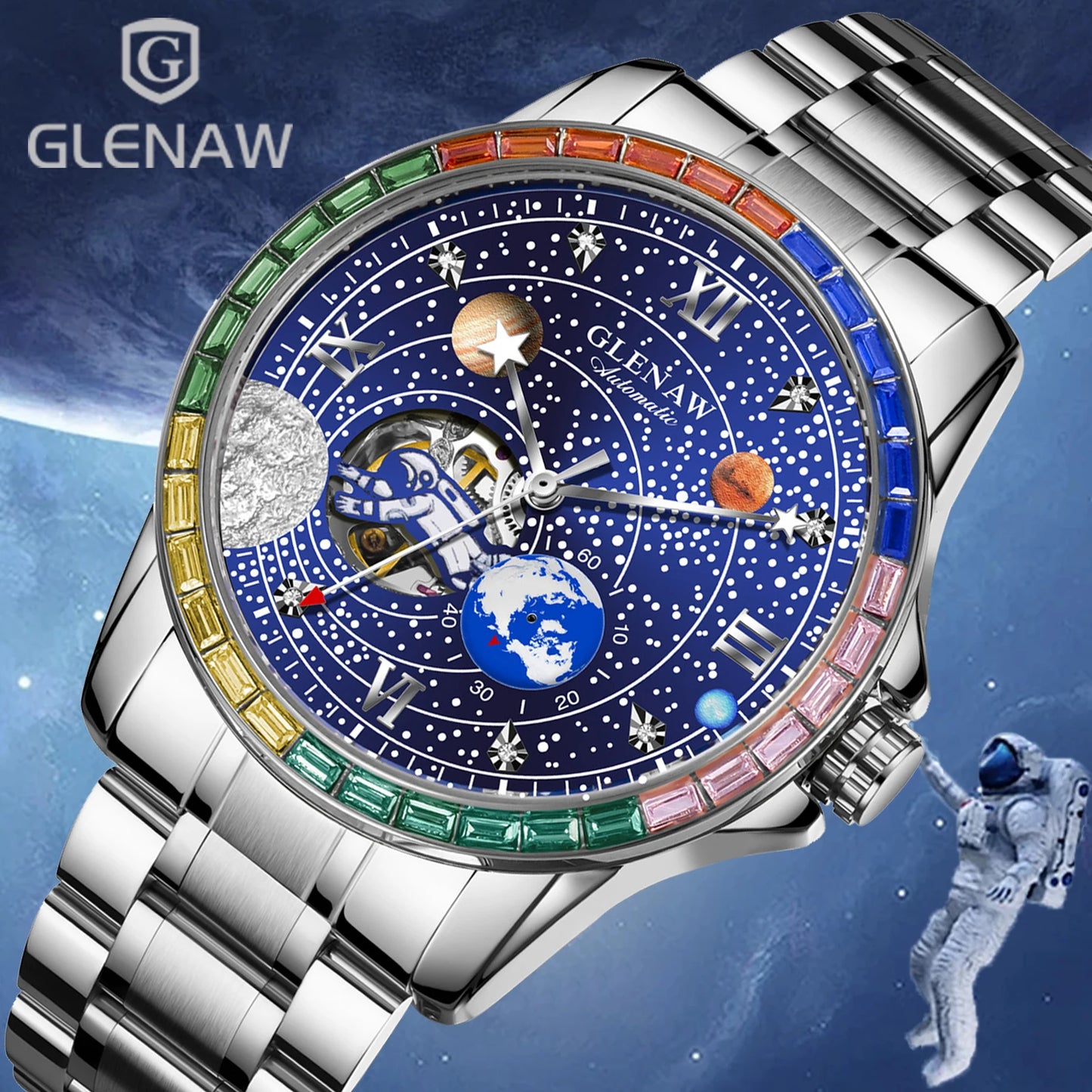 GLENAW New Rotating Earth Mechanical Watch Men Space astronaut dial Night Light Waterproof Stainless Steel Strap Automatic Watch