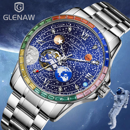 GLENAW New Rotating Earth Mechanical Watch Men Space astronaut dial Night Light Waterproof Stainless Steel Strap Automatic Watch