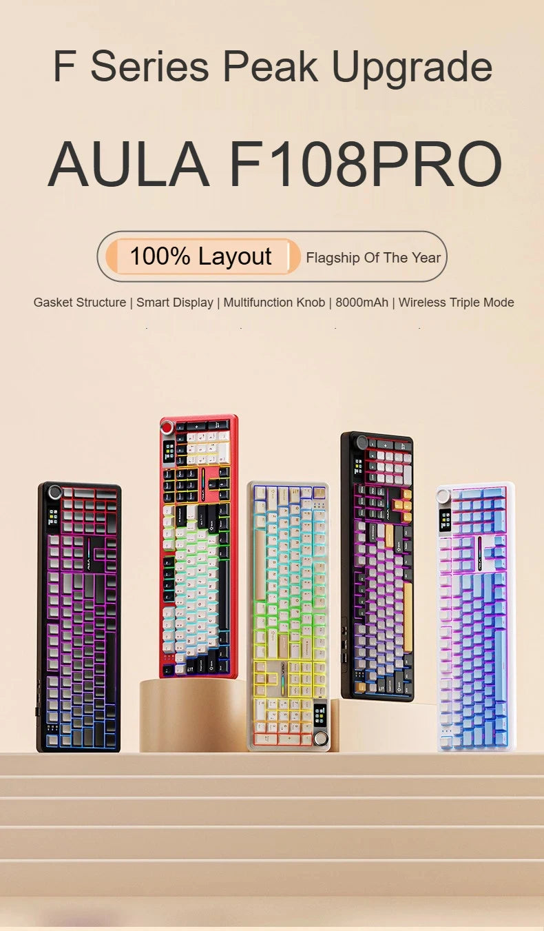 Teclado mecânico AULA F108 PRO personalizado, layout 100%, retroiluminação RGB, Bluetooth sem fios, switch HiFi, teclado gaming