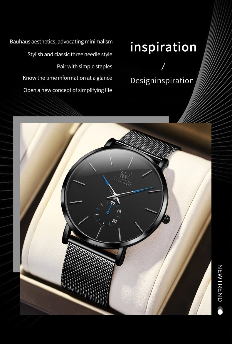 OLEVS 9954 Fashion Men's Watches Minimalism Ultrathin Original Quartz Wristwatch Waterproof Watch for Man Luminous Casual Mesh