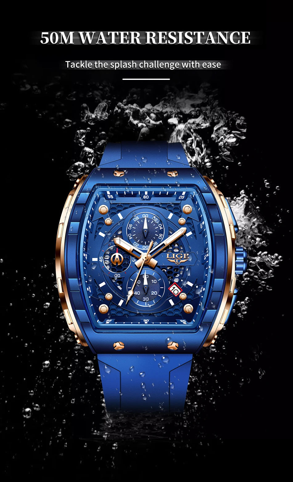 Relógio de Homem LIGE — Moda de Luxo, Impermeável, Bracelete em Silicone, Quartzo, Luminoso, Desportivo, Data Automática e Cronógrafo Simples