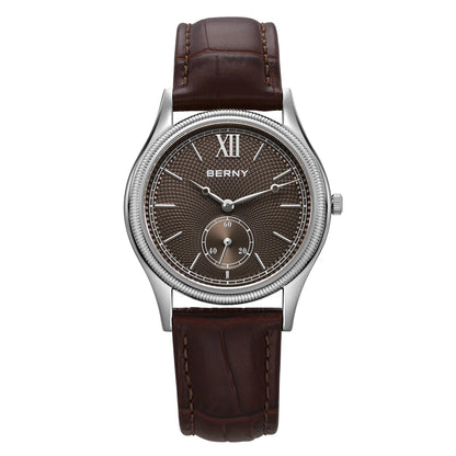 BERNY Watches for Men Luxury Slim Classic Stylish Dress Quartz Watch Stainless Steel Case Elegance Leather Band Wristwatch