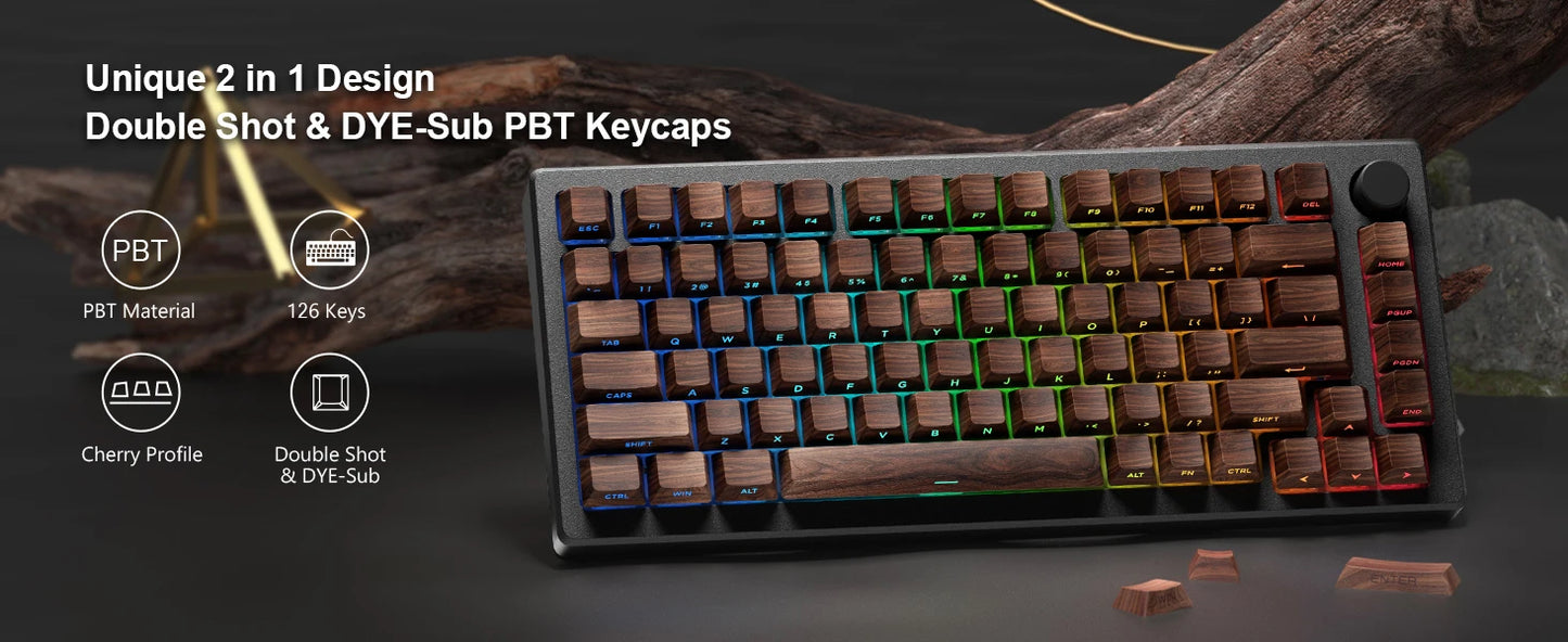 Grano de madera, tecla translúcida de cerezo con grabado lateral en PBT, 126 teclas, personalizada para teclado mecánico 60/84/98/108