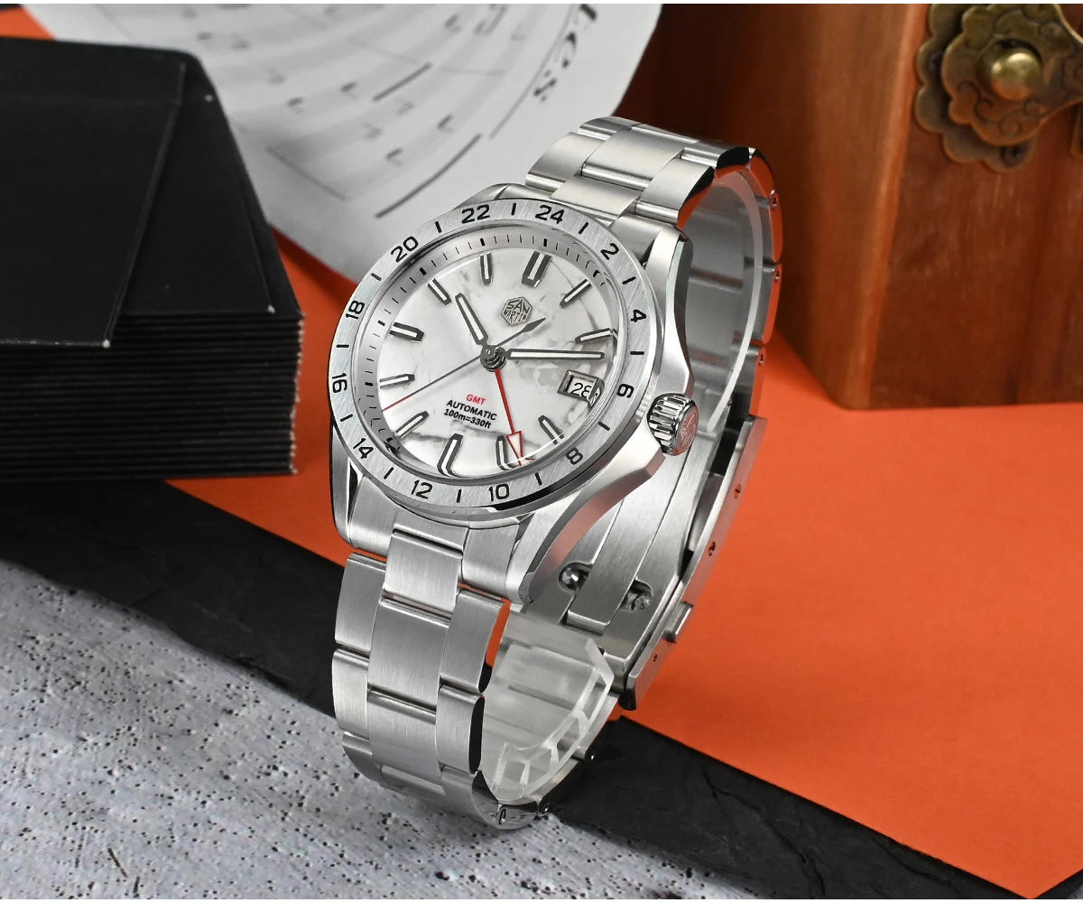 Reloj de lujo para hombre San Martin 39mm con esfera de aventurina, NH34 GMT automático mecánico, zafiro, resistente al agua, luminoso, SN0129